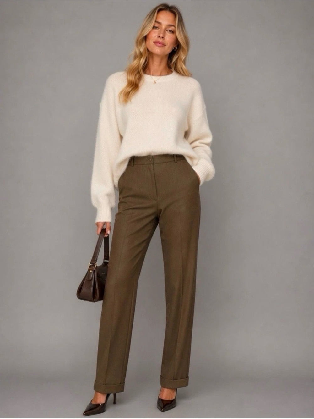 EPIC New York Women's Olive Brown Pleated Straight Leg Trousers